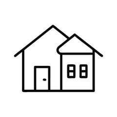 Simple House Outline Icon in Black, Minimalist black outline of a house icon featuring a roof, door, window, and chimney, ideal for real estate and home design concepts.