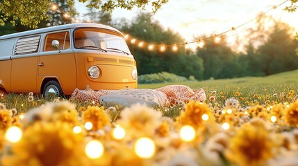 A vintage van in a flower-filled meadow, illuminated by string lights at sunset, creating a warm and nostalgic outdoor ambiance.