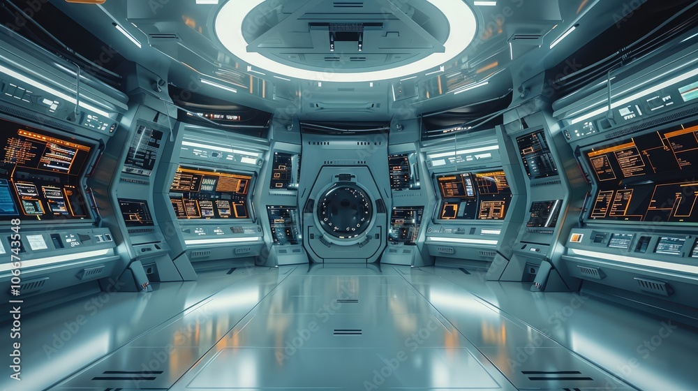 Poster a futuristic spaceship control room with live threat detection, encryption, and compliance check sys
