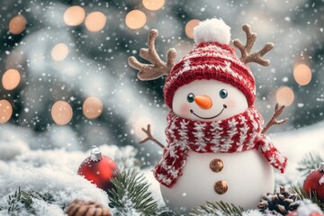 Fototapeta premium A close-up shot of a snowman dressed in winter attire, perfect for use in seasonal promotions or as a decorative element