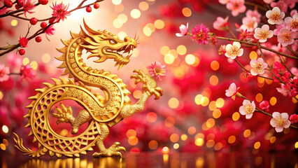 Chinese new year golden dragon surrounded by vibrant cherry blossoms, symbolizing strength and prosperity against a dreamy bokeh backdrop.