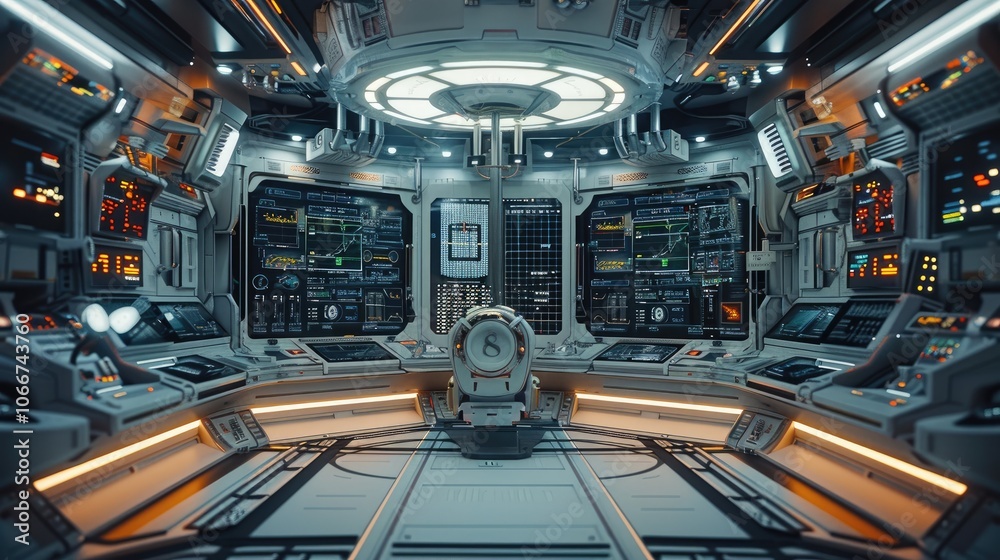 Aufkleber a futuristic spaceship control room with live threat detection, encryption, and compliance check sys