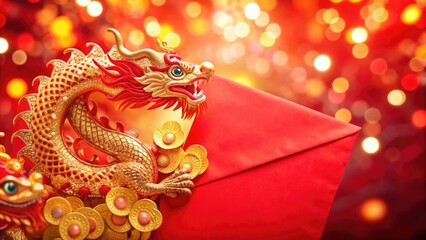 Obraz premium Chinese new year dragon on a red envelope, symbolizing prosperity and good fortune, against a sparkling festive background.