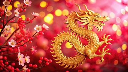 Chinese new year golden dragon intertwined with cherry blossoms, symbolizing strength and beauty against a dreamy bokeh background.