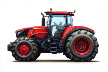 Obraz premium Illustration of red agricultural tractor with large tires, modern farm machinery side view, powerful vehicle, farming and agriculture equipment, detailed farm vehicle illustration