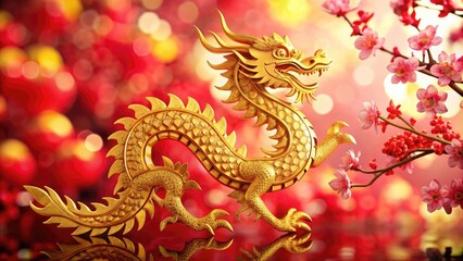 Fototapeta premium Golden dragon sculpture in Chinese new year with red decorations and cherry blossoms, symbolizing prosperity and good fortune.