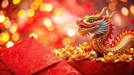 Fototapeta premium Chinese new year dragon figurine surrounded by golden flowers and red envelopes, capturing the essence of celebration and traditional festivities.