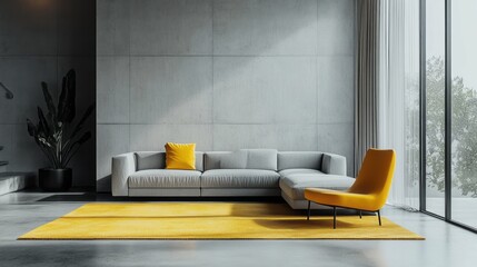 Modern Living Room with Grey Sofa, Yellow Armchair, and Yellow Rug