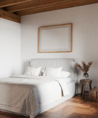 One frame mockup, bedroom cozy modern home interior, bed empty headboard wood pattern and wall background. room 3D render