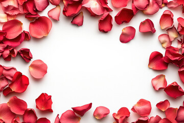 Red rose petals and flowers arranged in frame on white background, romantic floral design, decorative isolated rose petals for love and beauty, elegant and natural arrangement