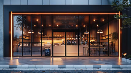 The entrance to an upscale coffee shop with large glass windows, featuring sleek and modern design elements like metallic accents and LED lighting.