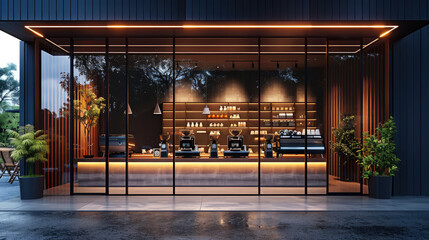 The entrance to an upscale coffee shop with large glass windows, featuring sleek and modern design elements like metallic accents and LED lighting.