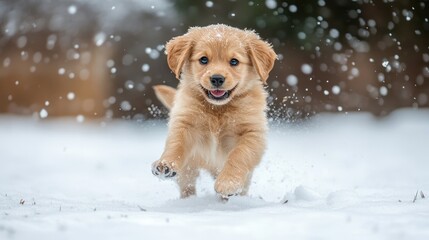 Golden Retriever Puppy Running Through Snow