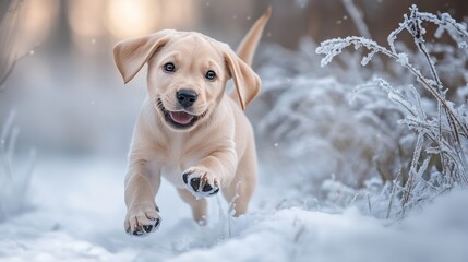 Playful Labrador Puppy Running Through Snowy Landscape
