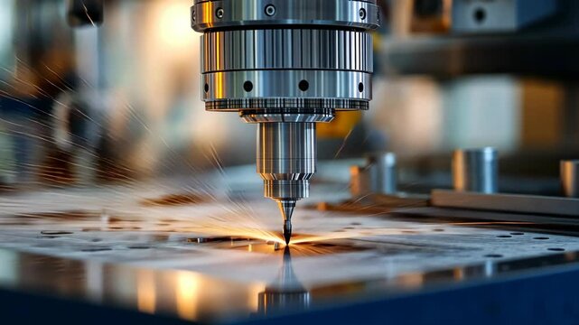 A close-up shot of a metalworking tool cutting a piece of metal, creating sparks and a bright glow