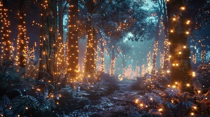 Magical Forest with Christmas Trees and Blurry Glowing Lights