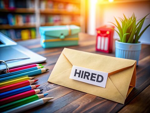 Tilt-Shift Photography of a Close-Up Envelope with HIRED Inscription, Business Mail, Job Offer, Career Opportunities, Recruitment Process, Professional Communication, Postal Service, 