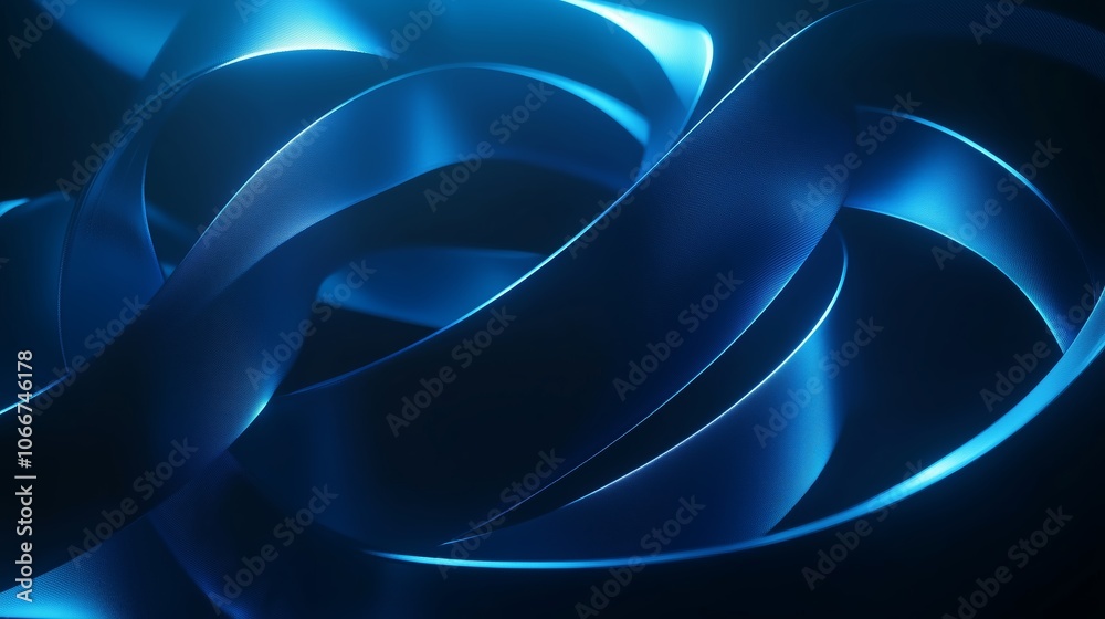 Poster abstract blue ribbons intertwined against a dark backdrop creating a dynamic visual effect in a stud