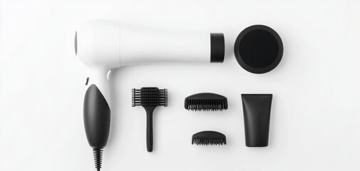 Professional hairdryer with multiple attachments isolated on white 3D illustration, isolated on white background