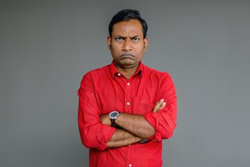 A person wearing a red shirt and having their arms crossed, providing a sense of confidence and determination