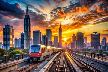 Fototapeta premium Train Traveling Through City Skyline at Sunset - Urban Landscape Photography, Scenic Rail Journey, Sunset Cityscape, Train Tracks, City Lights, Vibrant Sky, Travel Adventure, Modern Architecture,