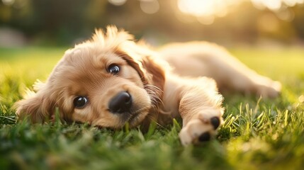 Golden Retriever Puppy Lying in Grass with Sunlight