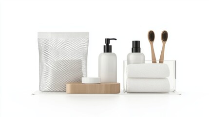 Naklejka premium Set of travel-sized toiletries in clear bag isolated on white 3D illustration, isolated on white background