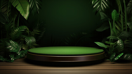 Wooden round empty podium with palm leaves on green wall background. Product display presentation, advertising, mockup, showcasing.	
