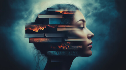 A woman's face silhouette made up of books symbolizing wisdom and knowledge, with a dramatic landscape featuring dark mountains and a bright fire in the background, conveying emotional tension