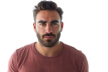 Obraz premium Man Beard Serious. Hispanic Portrait of Young Adult Man in Casual T-shirt on White Background