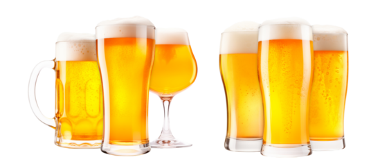 Collection of different beer glasses in various styles isolated on white transparent background. Mugs with drink like Ipa, Pale Ale, Pilsner, Porter or Stout
