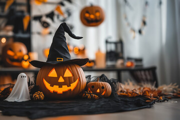 Happy Halloween Background,Spooky Decorations,October 31st Festivities,Witch Hat, Ghosts, and Spooky Decorations.