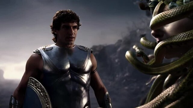Perseus holds a gleaming shield as he approaches the lurking Medusa, with her hair full of lifelike snakes.
