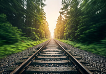 Fototapeta premium Railway tracks going deep into misty forest. Magic AI generated landscape. Digital illustration. CG Artwork Background