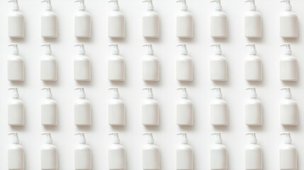 Fototapeta premium Variety of white bottles with pumps and caps, minimalist design on white background, perfect for branding personal care products