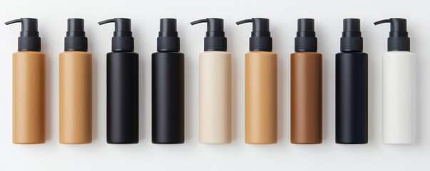 Obraz premium Variety of blank cosmetic bottles with pumps and caps isolated on clean white background 3D illustration