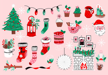 Vector set of Christmas decorative elements with fireplace, socks, pine tree, Santa, cacao, pancake, candles, and garlands isolated on the background