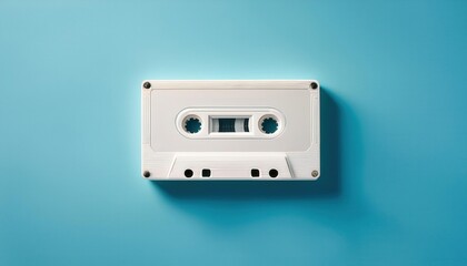 Fototapeta premium Minimalist Close-Up of Vintage White Cassette Tape on Aqua Background. Conceptual Representation of Nostalgic 1980s Media, Environmental Impact of Plastic Waste, and Analog Audio Technology