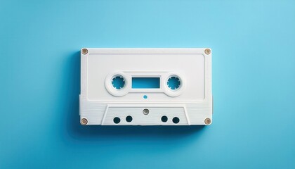 Obraz premium Minimalist Close-Up of Vintage White Cassette Tape on Aqua Background. Conceptual Representation of Nostalgic 1980s Media, Environmental Impact of Plastic Waste, and Analog Audio Technology
