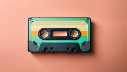 Fototapeta premium Retro Pastel Audio Cassette on Dual Toned Peach and Teal Background. Iconic 80s and 90s Music Memorabilia Perfect for Nostalgia Themes, Analog Media Concepts, and Minimalist Design Projects