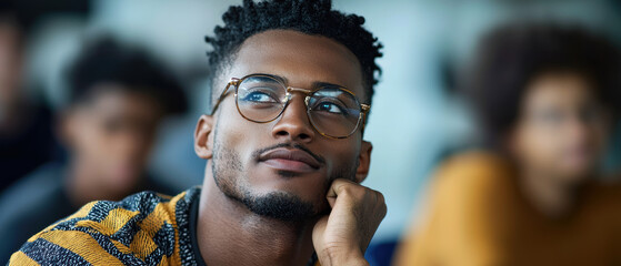 Fototapeta premium A thoughtful young man in glasses engaged in deep contemplation during a lecture or discussion, showcasing focus and curiosity.