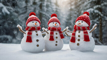 Fototapeta premium Winter. Happy New Year and Merry Christmas. Funny snowmen on a blurry winter background. The atmosphere of a New Year's holiday.