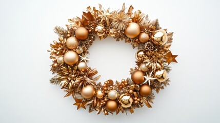 Classic Gold Christmas Wreath with Ornaments, Stars, and Foliage on White Background