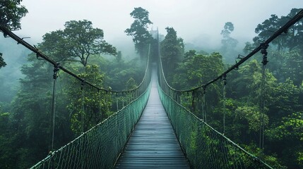 Obraz premium Explore the serene beauty of nature a journey across the misty suspension bridge in the heart of the forest