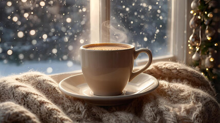 A mug with hot cocoa or coffee on the winter window. The drink is steaming. A cozy photo in delicate, warm beige shades. Harmony and cozy concept of Christmas and winter.