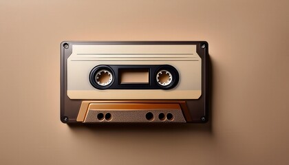 Fototapeta premium Retro Beige Audio Cassette Tape on Smooth Monochrome Background. Ideal for Concepts of Nostalgia, Vintage Music Media, Analog Sound Recording, and 1980s 1990s Pop Culture Aesthetic
