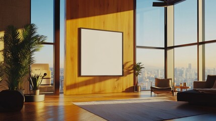 Bright, open-concept living room with a blank poster on a wooden accent wall, surrounded by large windows with 360-degree panoramic views.