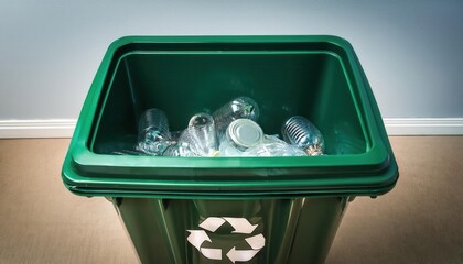 Green Recycling Bin Filled with Glass and Plastic Containers Indoors, Promoting Eco Friendly Waste Sorting and Pollution Prevention Practices for Home and Office Environments