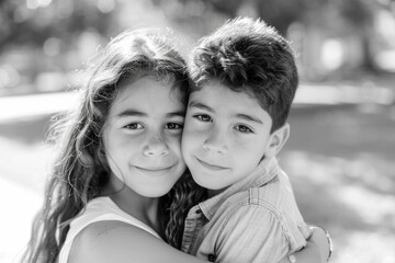 Two children share a tender moment as they hug each other, conveying love and affection