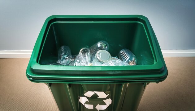Green Recycling Bin Filled with Glass and Plastic Containers Indoors, Promoting Eco Friendly Waste Sorting and Pollution Prevention Practices for Home and Office Environments